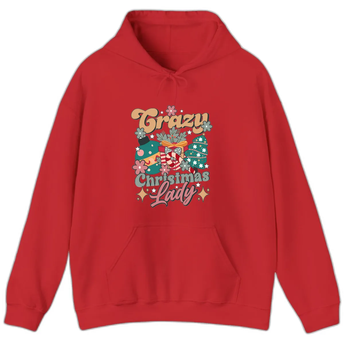 Crazy Christmas Lady Retro Design Hoodie in Red