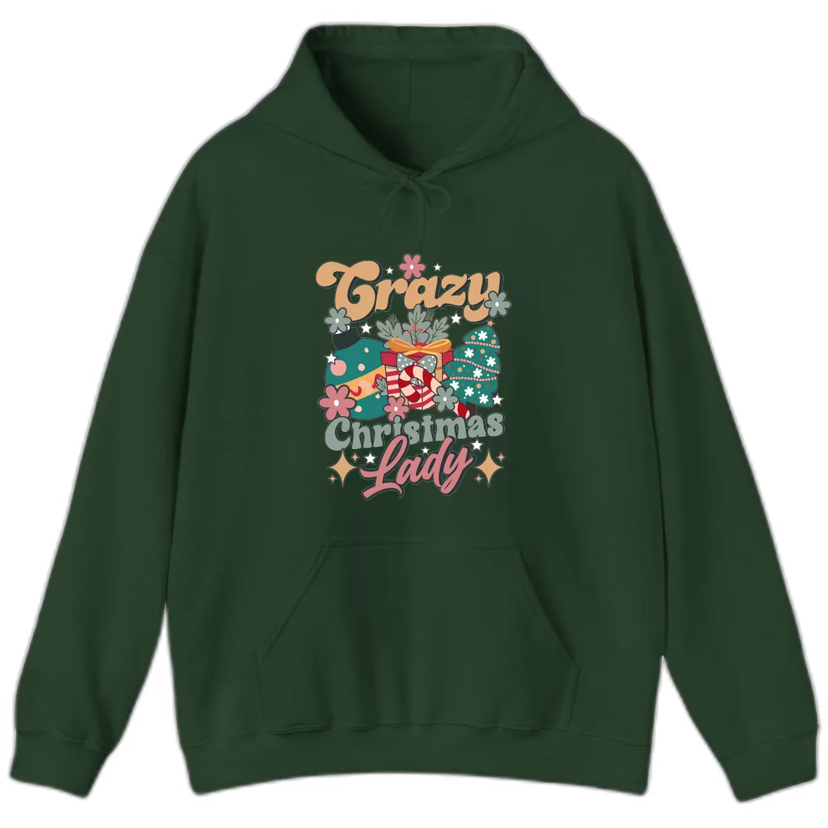 Crazy Christmas Lady Retro Design Hoodie in Forest Green