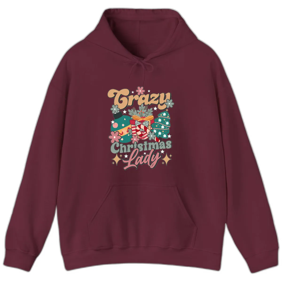 Crazy Christmas Lady Retro Design Hoodie in Maroon