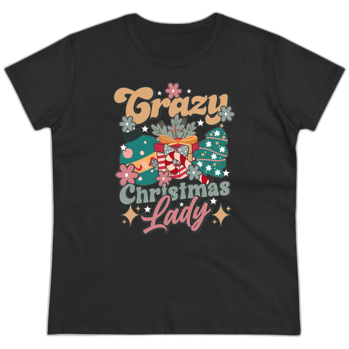 Crazy Christmas Lady Retro Design Ladies Tee in Black