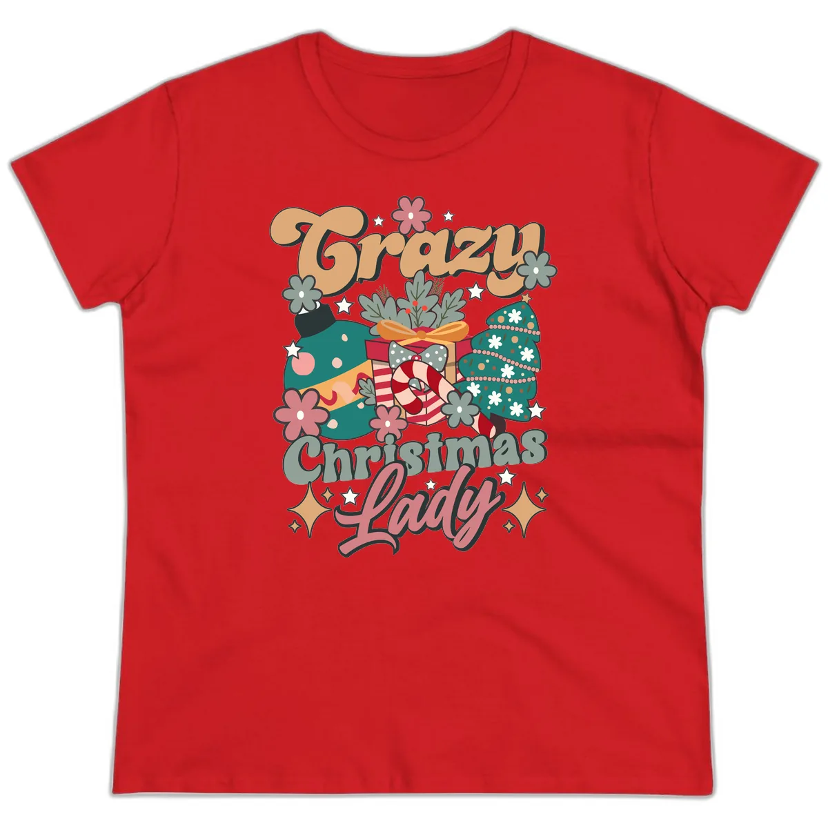 Crazy Christmas Lady Retro Design Ladies Tee in Red