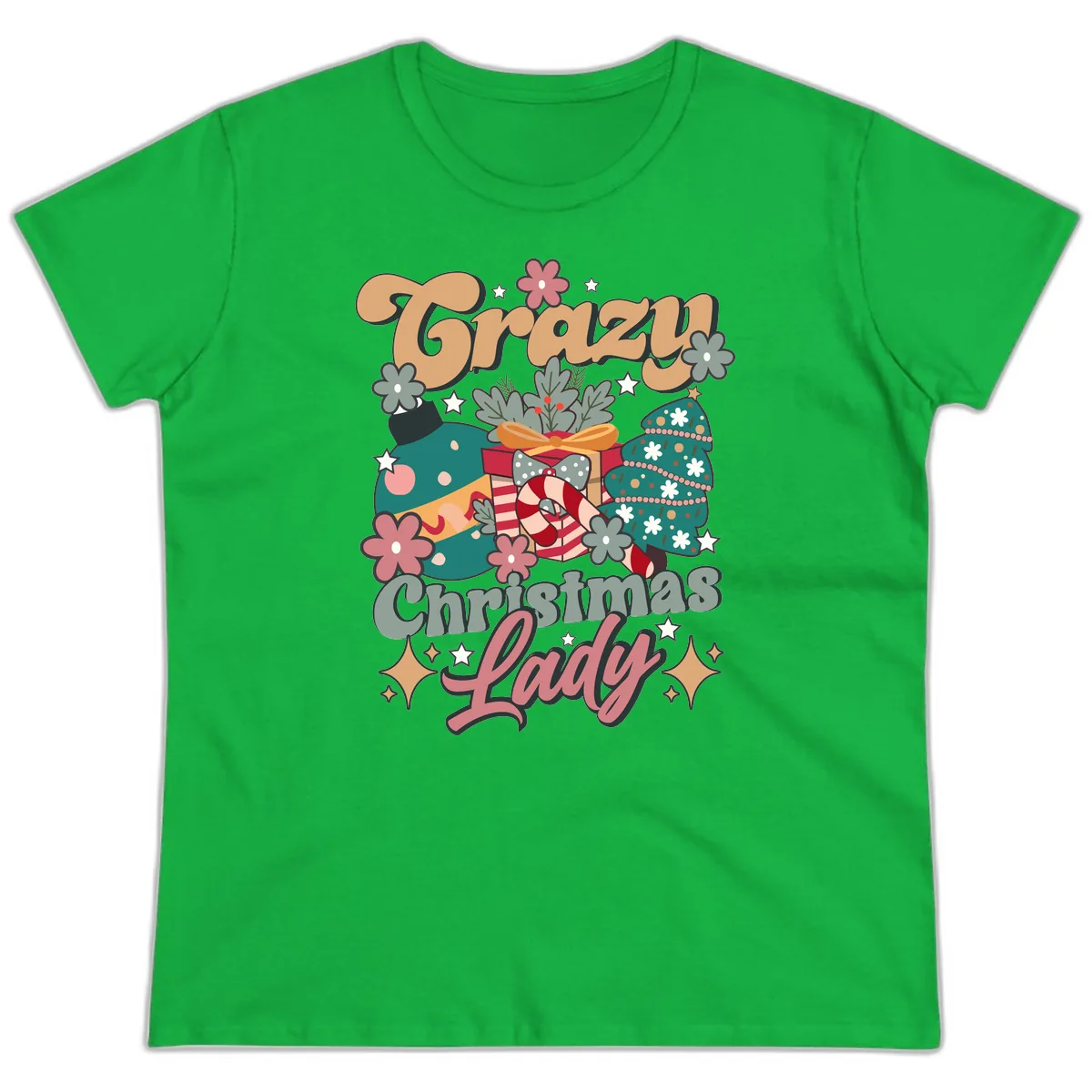 Crazy Christmas Lady Retro Design Ladies Tee in Irish Green