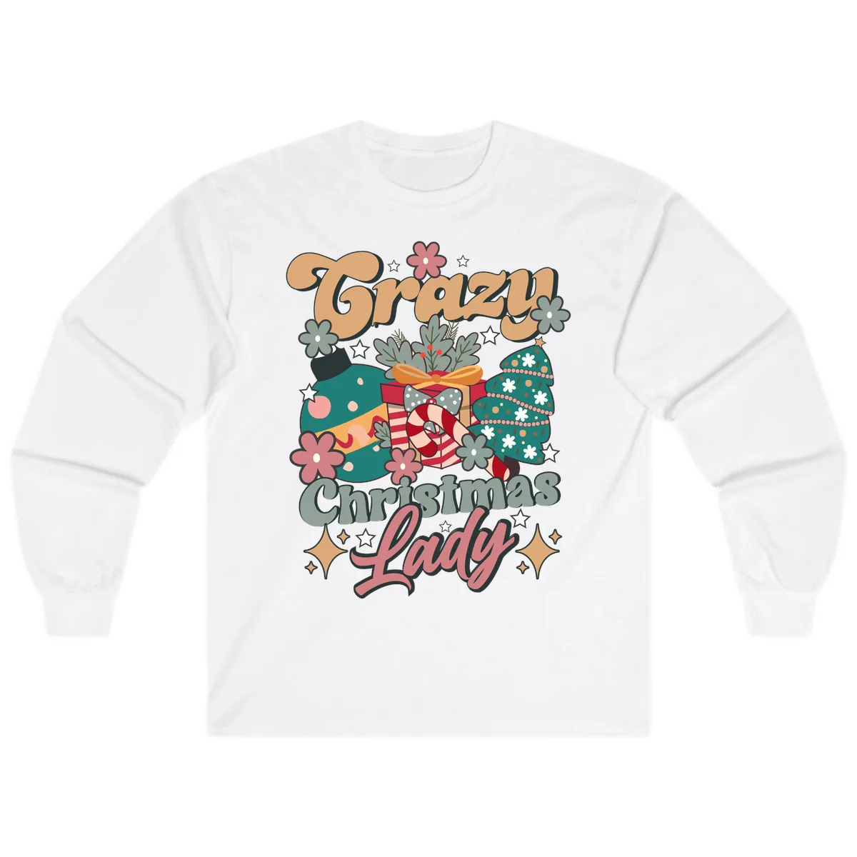 Crazy Christmas Lady Retro Design Long Sleeve in White