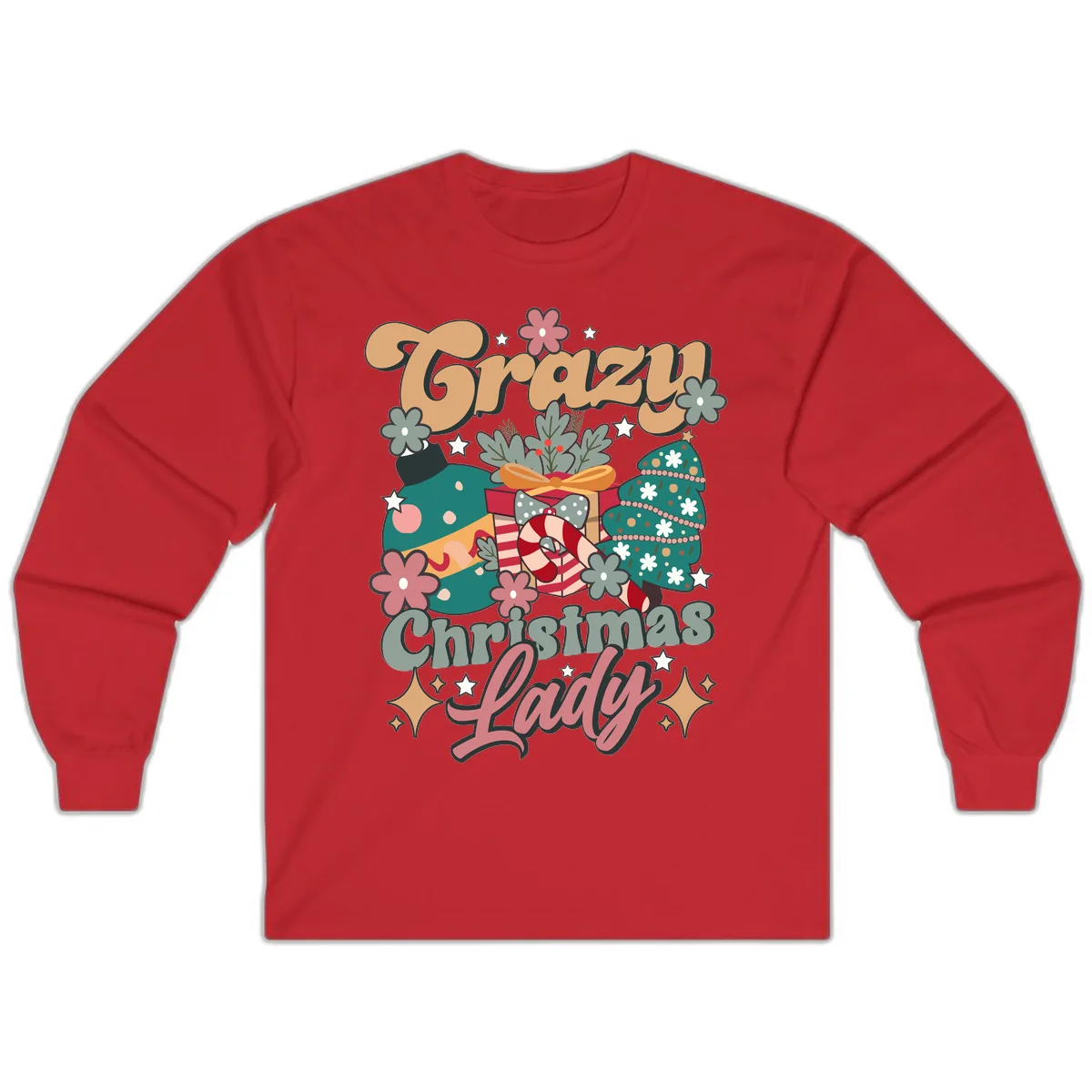 Crazy Christmas Lady Retro Design Long Sleeve in Red