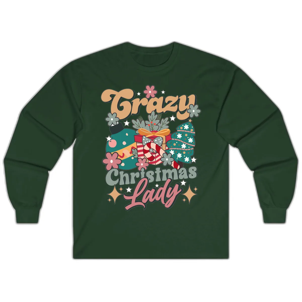 Crazy Christmas Lady Retro Design Long Sleeve in Forest Green