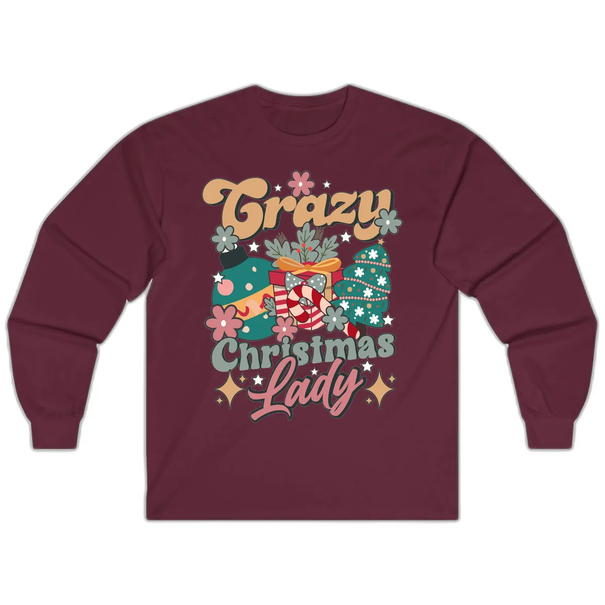 Crazy Christmas Lady Retro Design Long Sleeve in Maroon