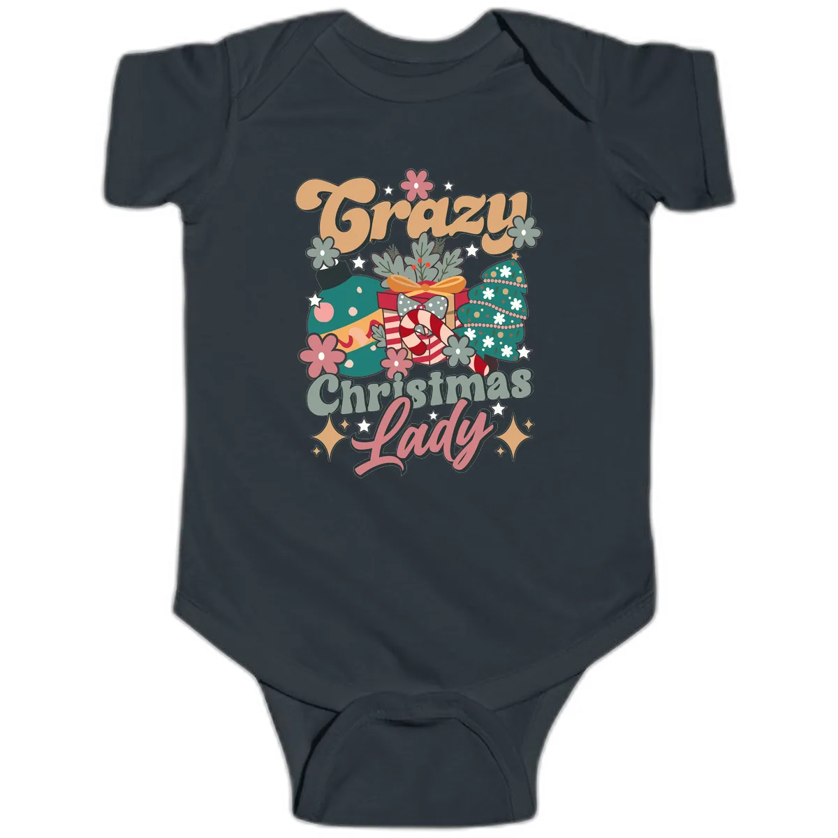 Crazy Christmas Lady Retro Design Baby Onesie in Black