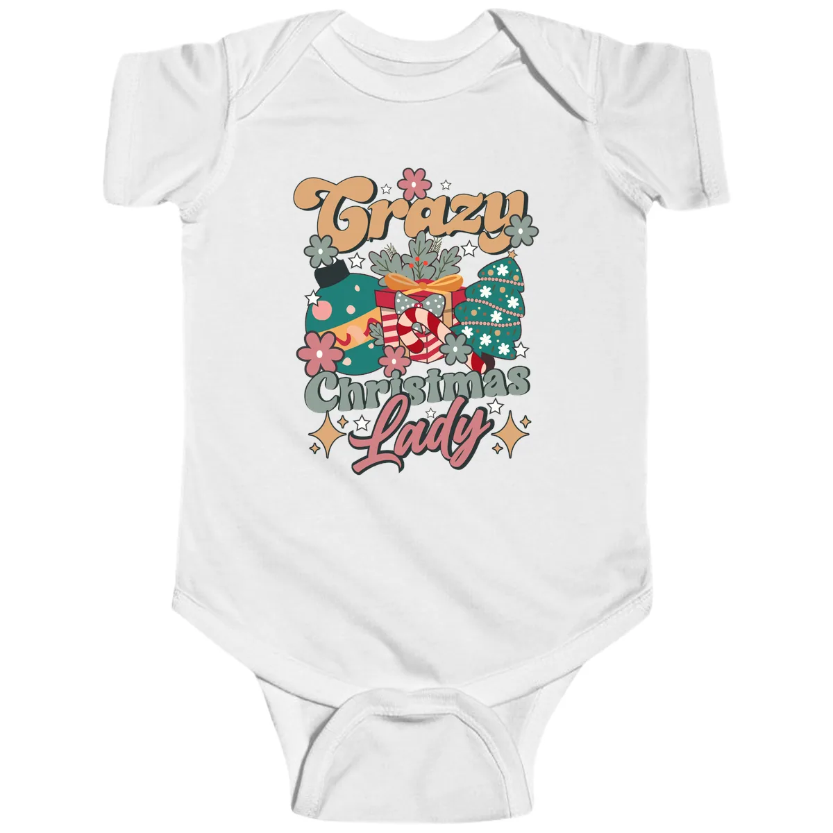 Crazy Christmas Lady Retro Design Baby Onesie in White