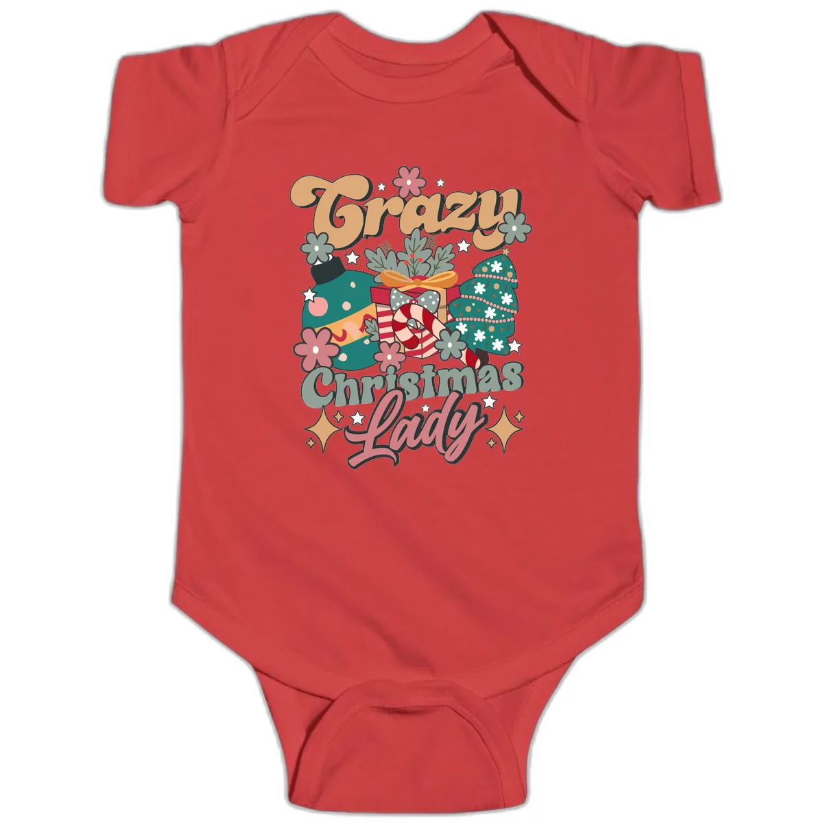 Crazy Christmas Lady Retro Design Baby Onesie in Red