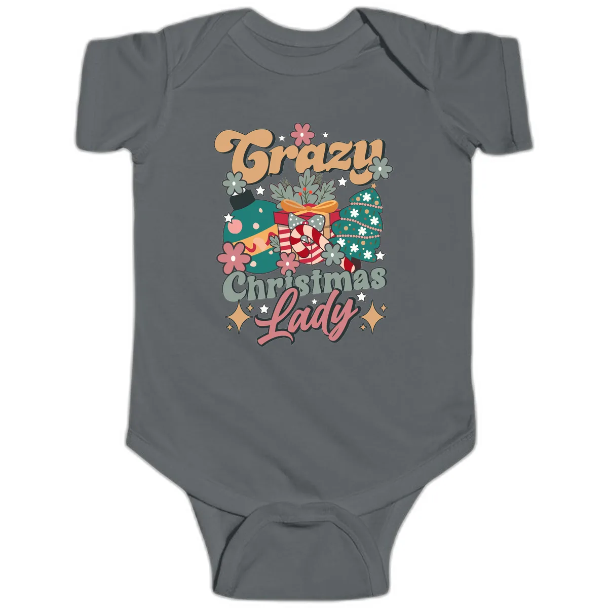 Crazy Christmas Lady Retro Design Baby Onesie in Charcoal