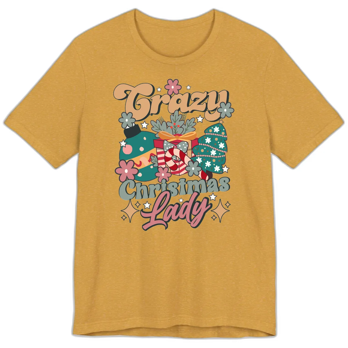 Crazy Christmas Lady Retro Design Premium T-Shirt in Heather Mustard