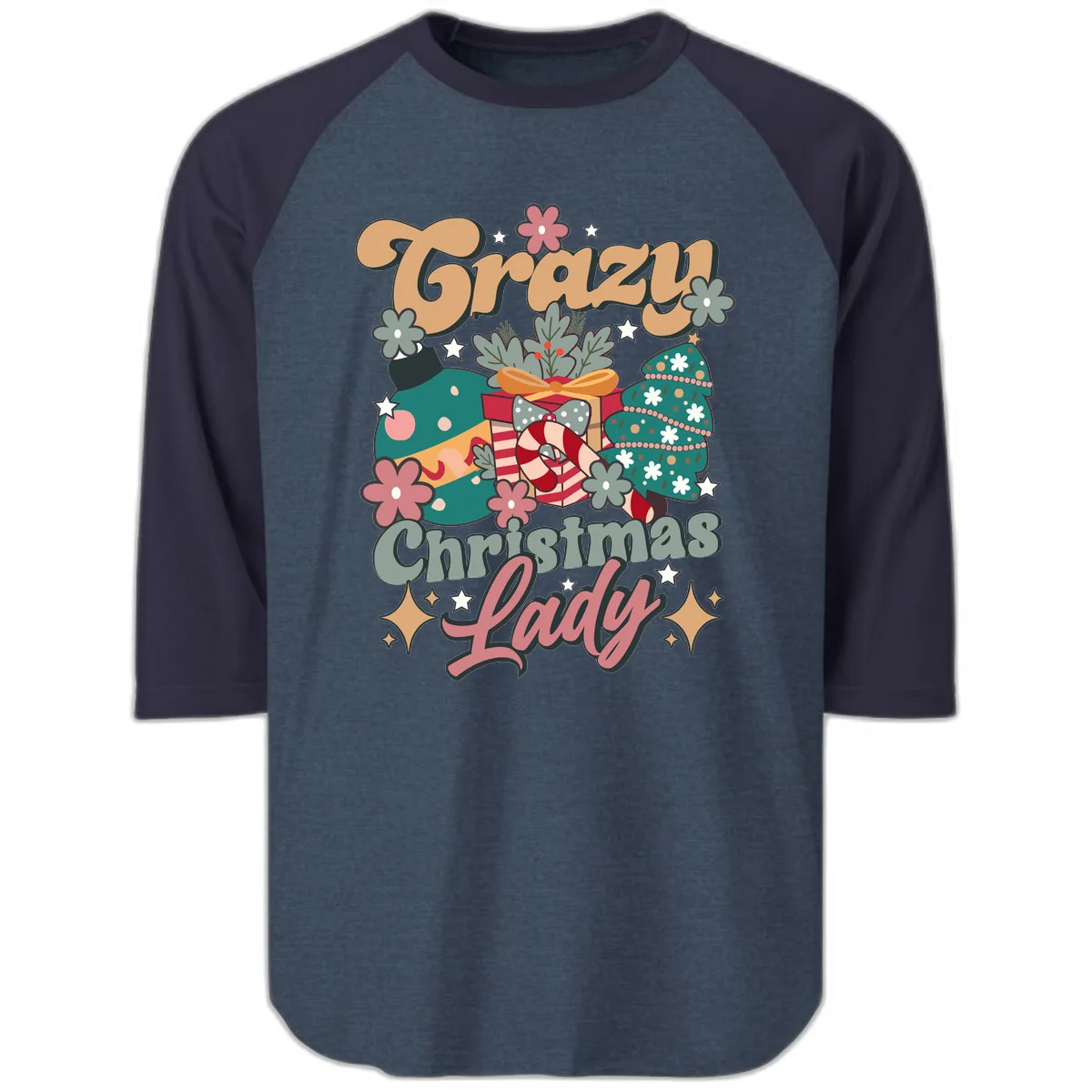Crazy Christmas Lady Retro Design Raglan 3/4 in Heather Denim Navy