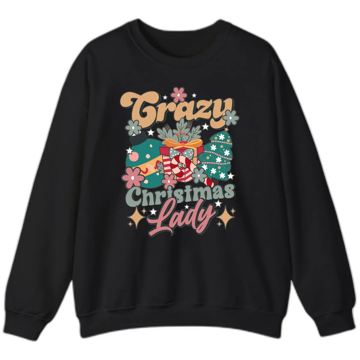 Crazy Christmas Lady Retro Design Sweatshirt in Black