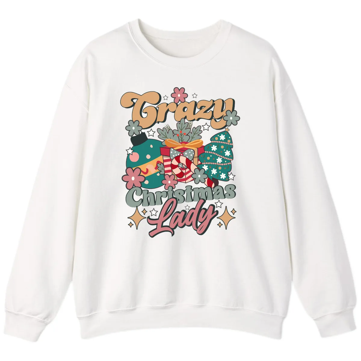 Crazy Christmas Lady Retro Design Sweatshirt in White