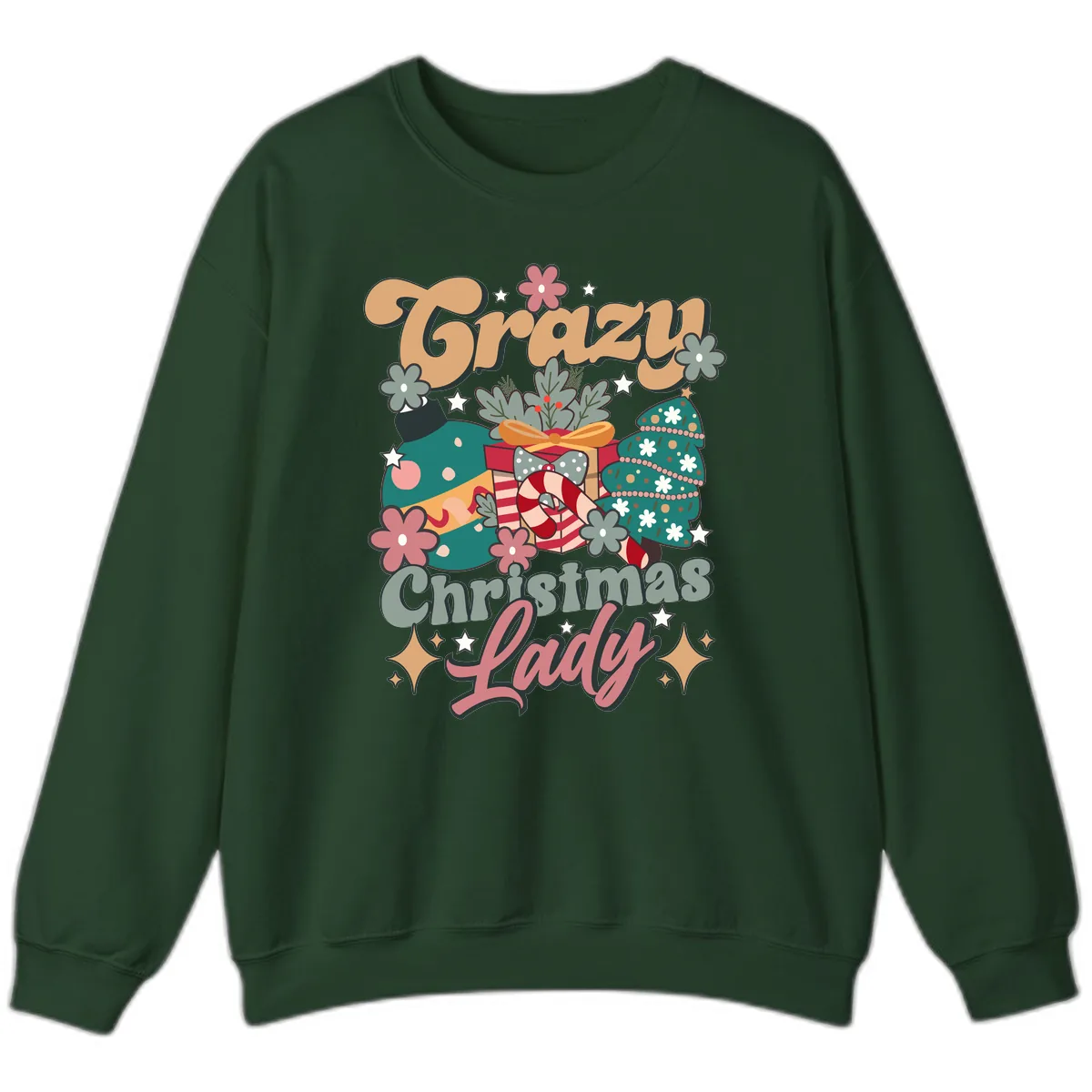 Crazy Christmas Lady Retro Design Sweatshirt in Forest Green