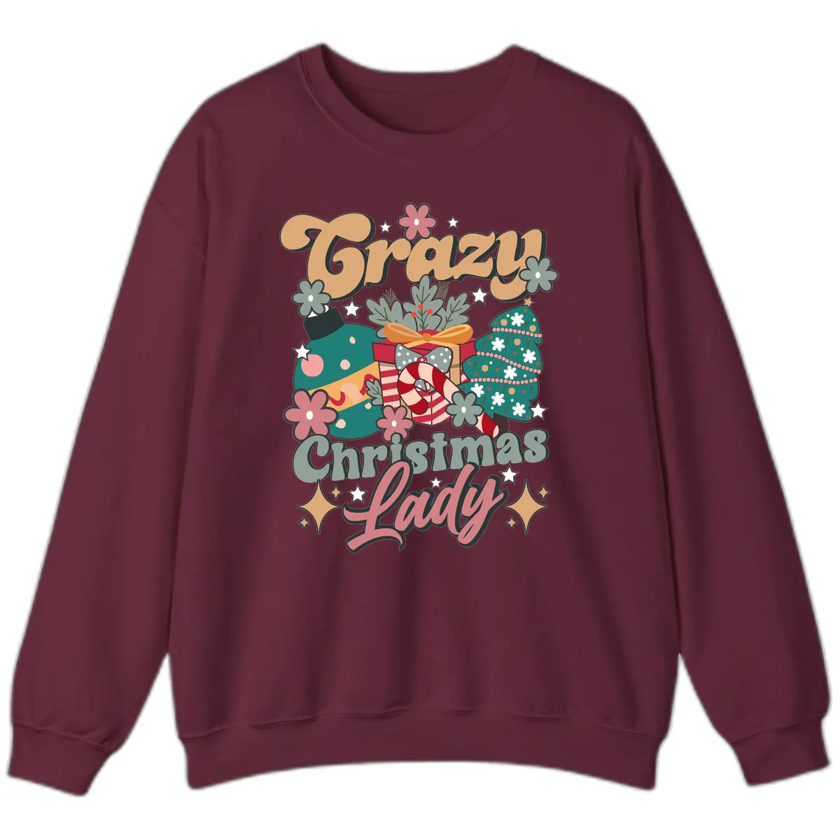Crazy Christmas Lady Retro Design Sweatshirt in Maroon