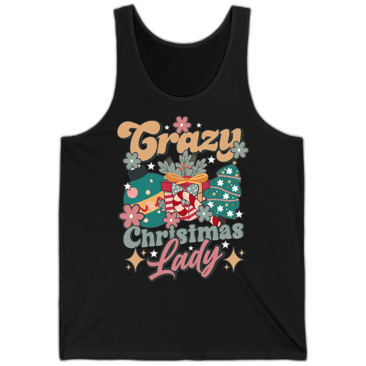 Crazy Christmas Lady Retro Design Tank in Black