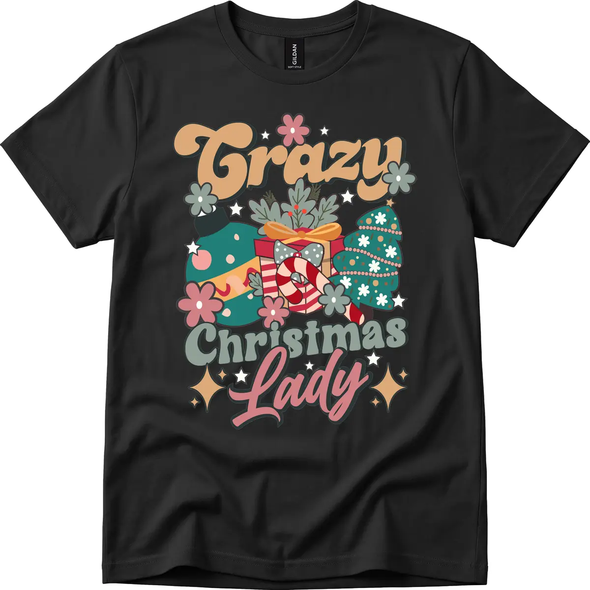 Crazy Christmas Lady Retro Design T-Shirt in Black