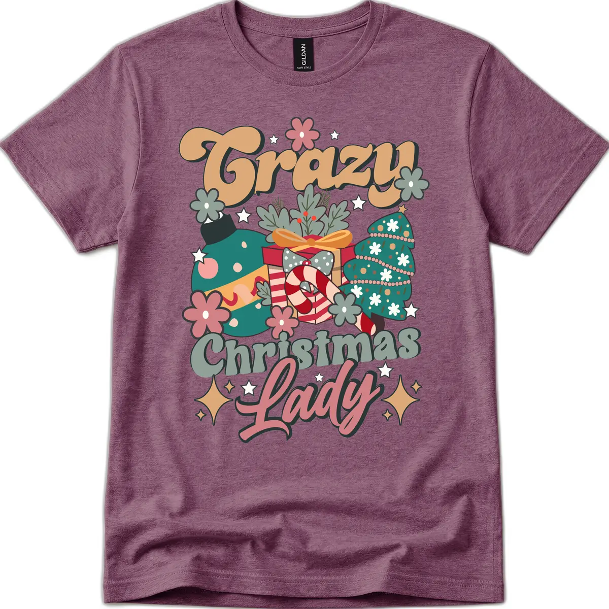 Crazy Christmas Lady Retro Design T-Shirt in Heather Maroon