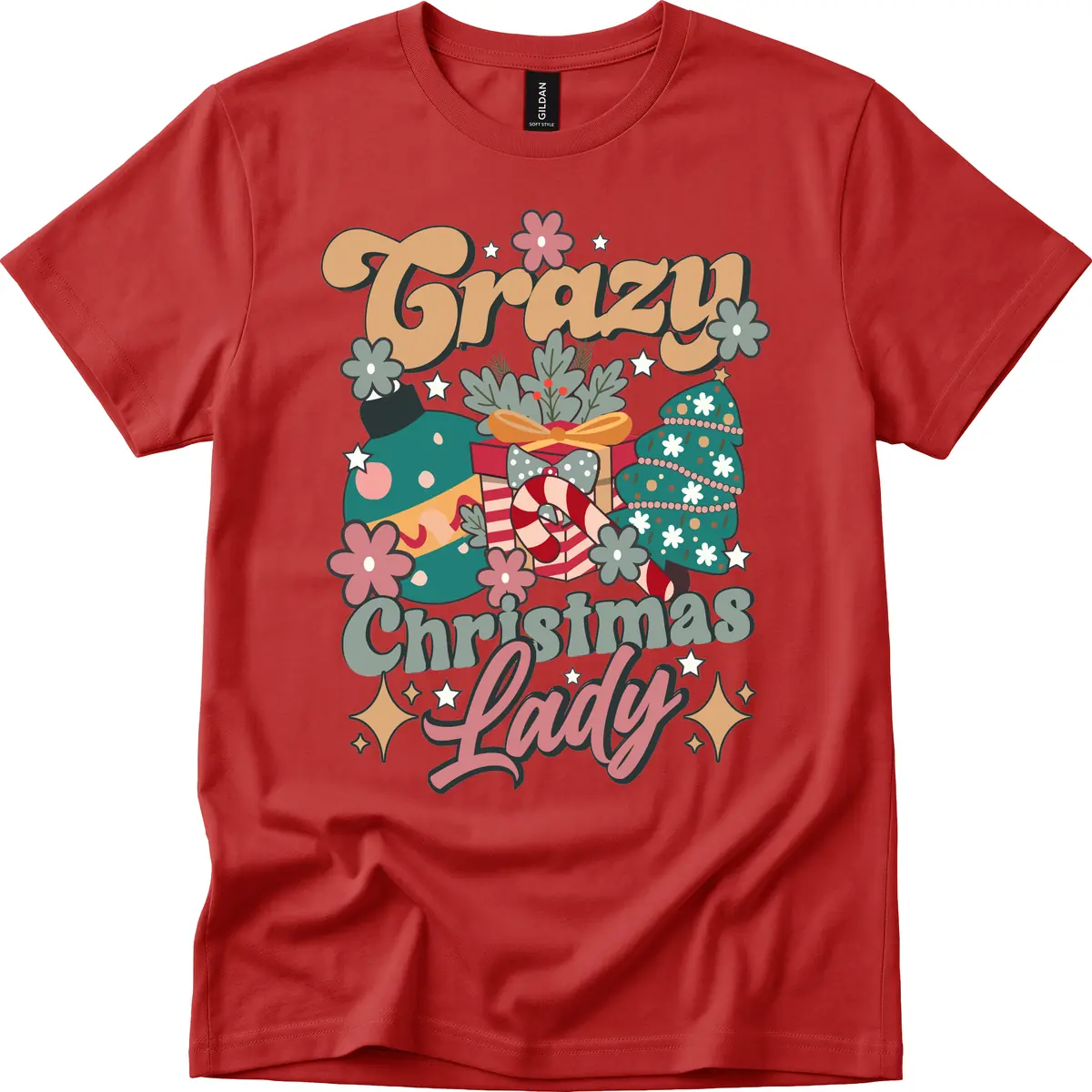 Crazy Christmas Lady Retro Design T-Shirt in Red