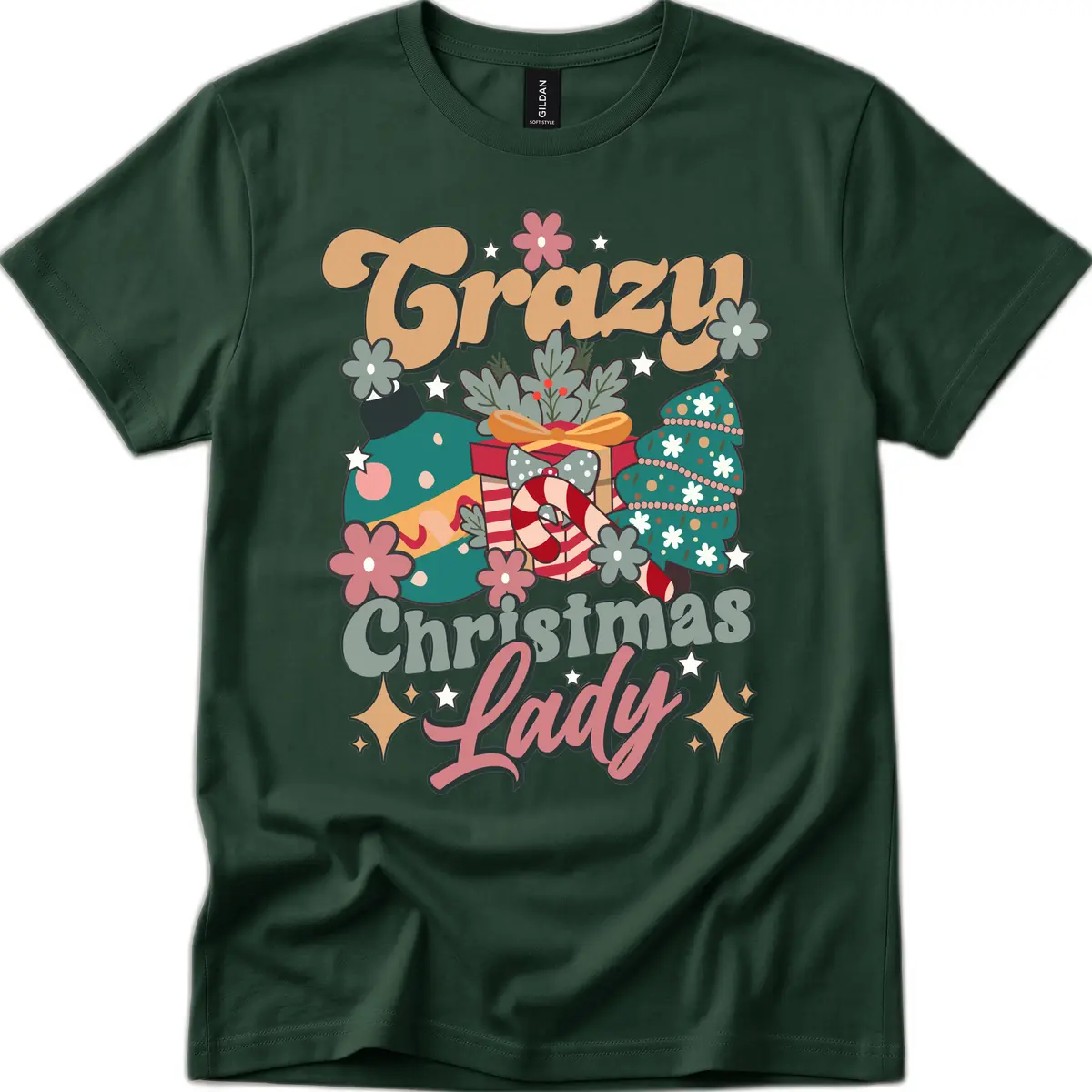 Crazy Christmas Lady Retro Design T-Shirt in Forest Green