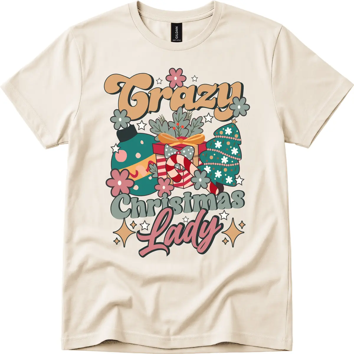 Crazy Christmas Lady Retro Design T-Shirt in Natural