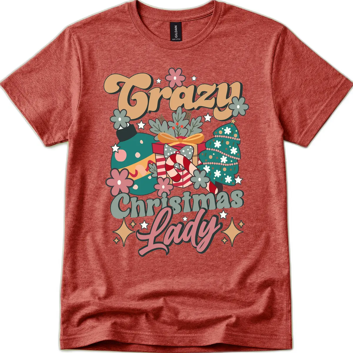 Crazy Christmas Lady Retro Design T-Shirt in Heather Cardinal
