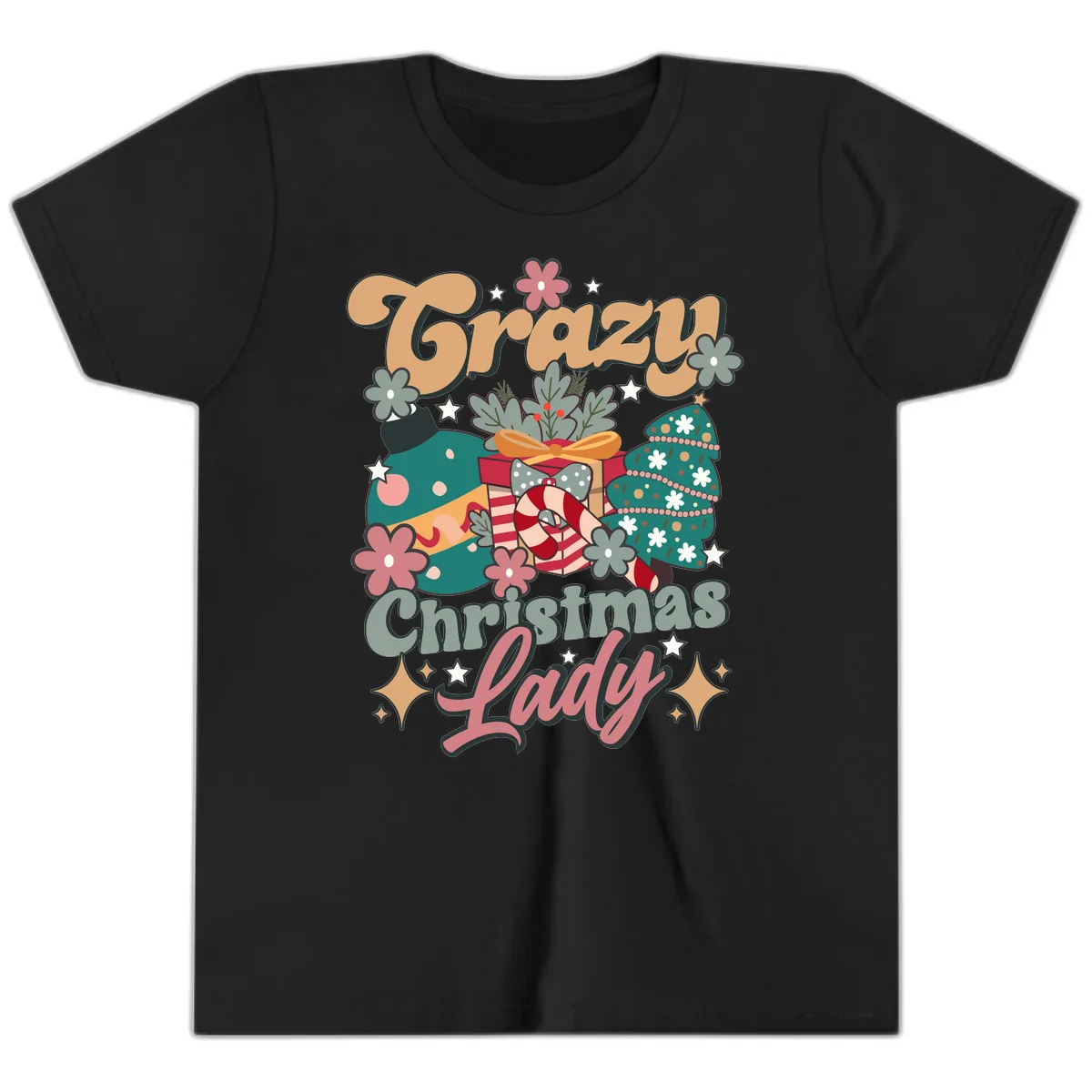 Crazy Christmas Lady Retro Design Youth T-Shirt in Black