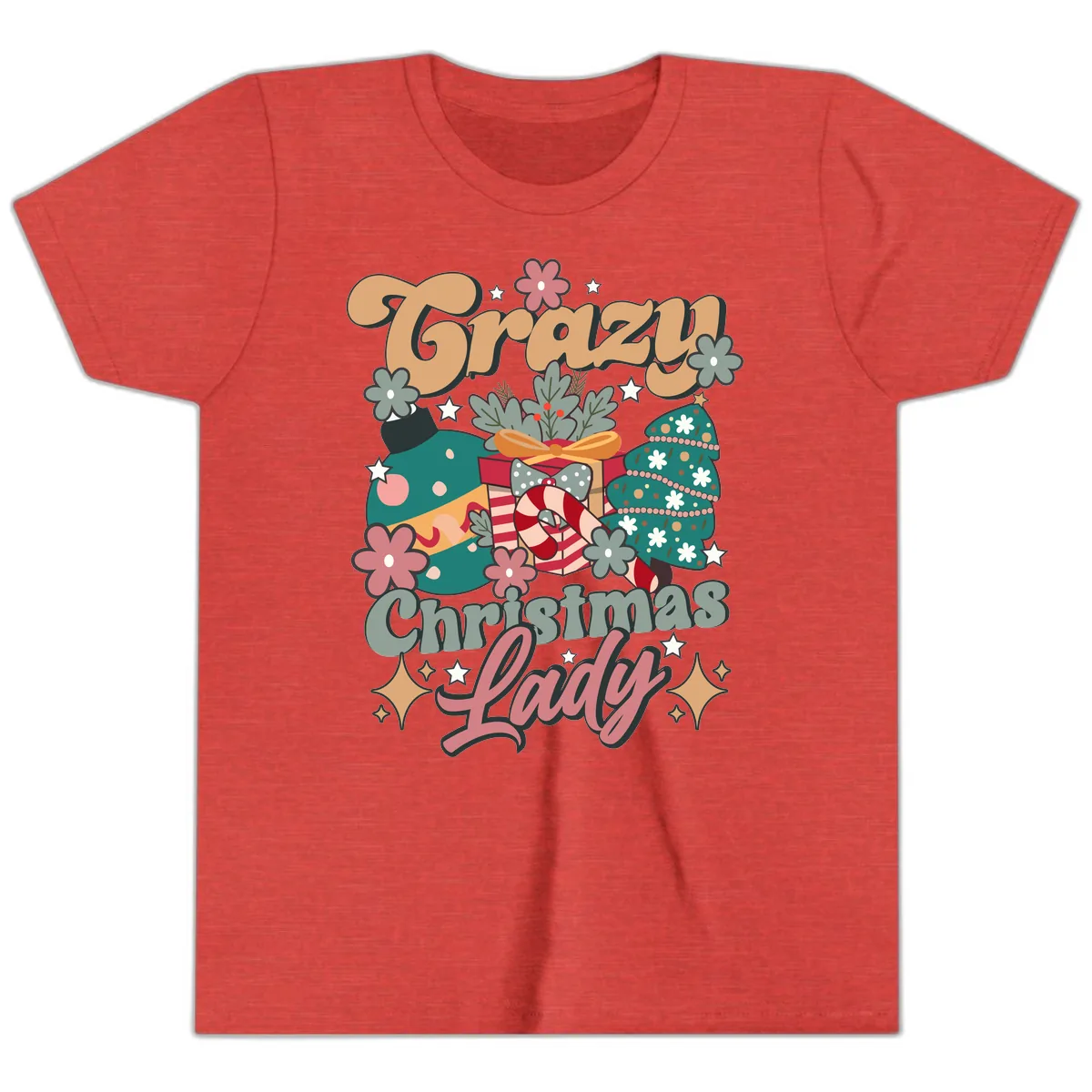 Crazy Christmas Lady Retro Design Youth T-Shirt in Heather Red