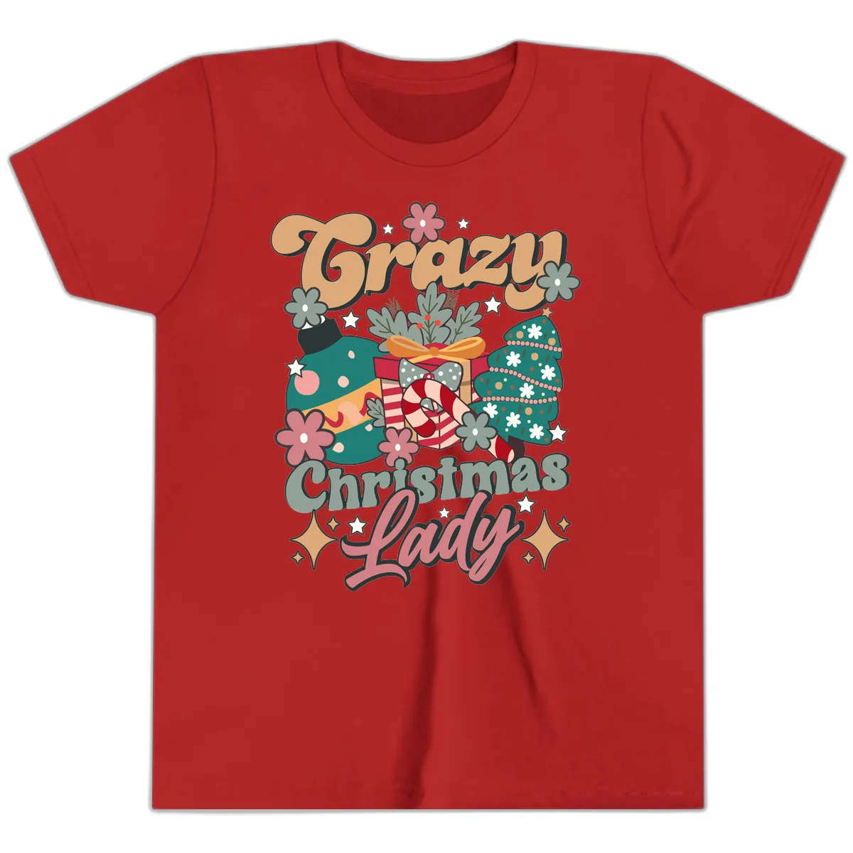 Crazy Christmas Lady Retro Design Youth T-Shirt in Red