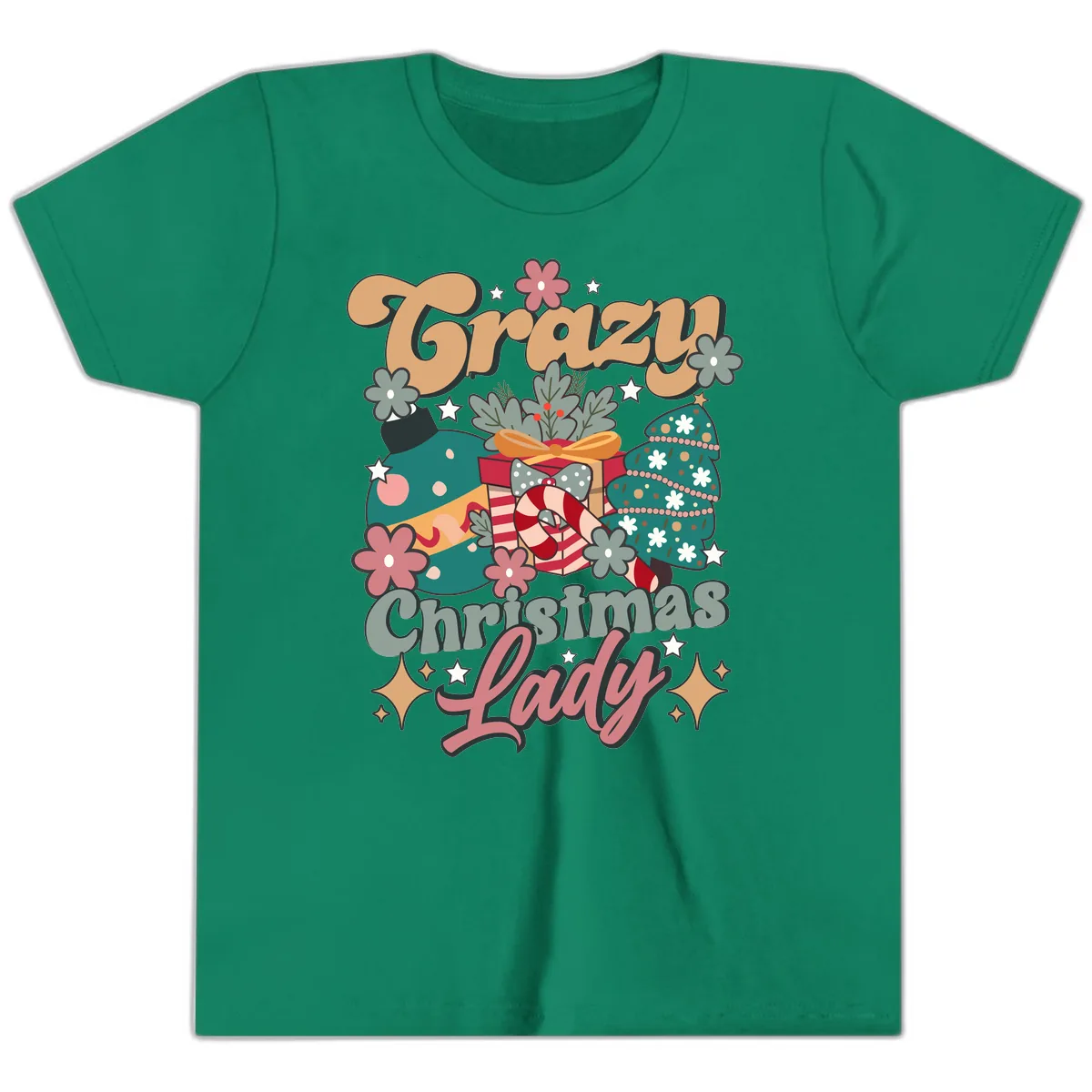 Crazy Christmas Lady Retro Design Youth T-Shirt in Kelly
