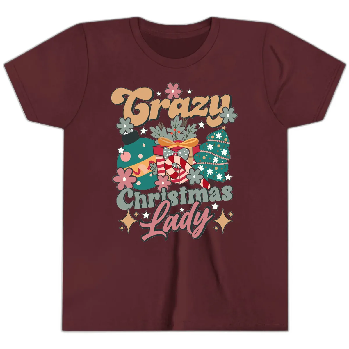 Crazy Christmas Lady Retro Design Youth T-Shirt in Maroon