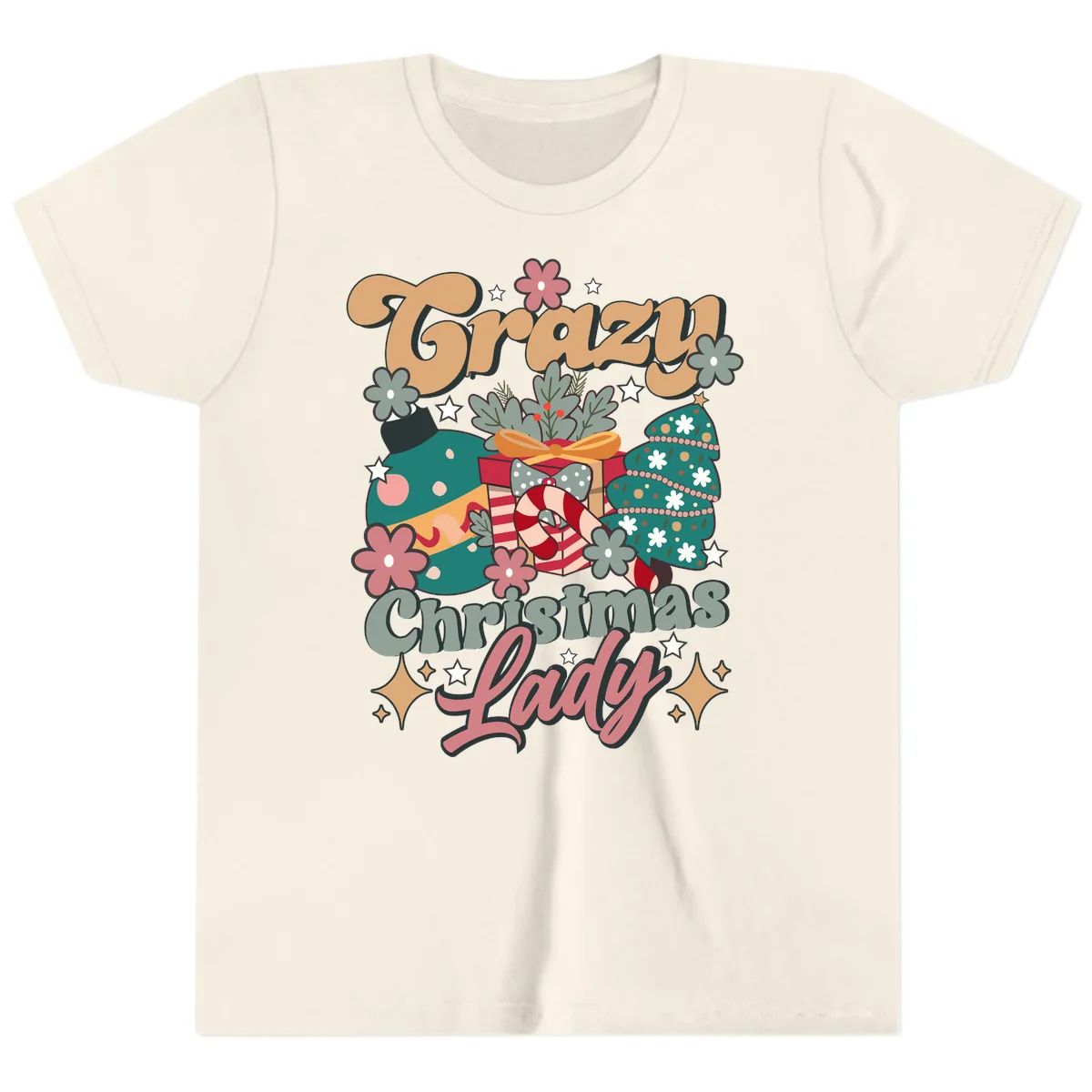 Crazy Christmas Lady Retro Design Youth T-Shirt in Natural