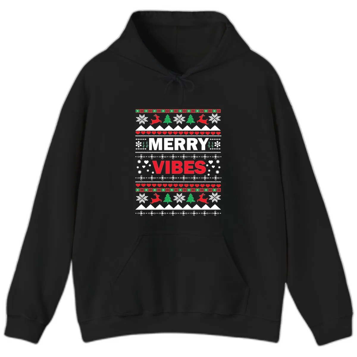 Merry Vibes Ugly Christmas Sweater Hoodie in Black