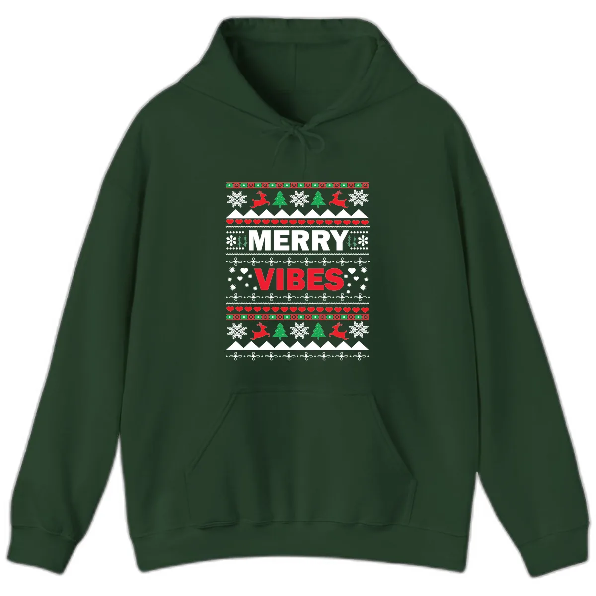 Merry Vibes Ugly Christmas Sweater Hoodie in Forest Green