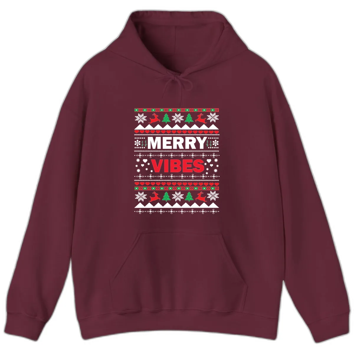Merry Vibes Ugly Christmas Sweater Hoodie in Maroon