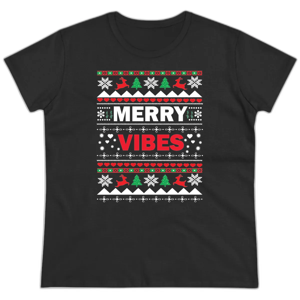 Merry Vibes Ugly Christmas Sweater Ladies Tee in Black
