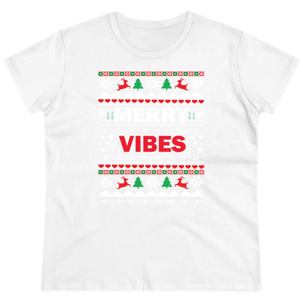 Merry Vibes Ugly Christmas Sweater Ladies Tee in White