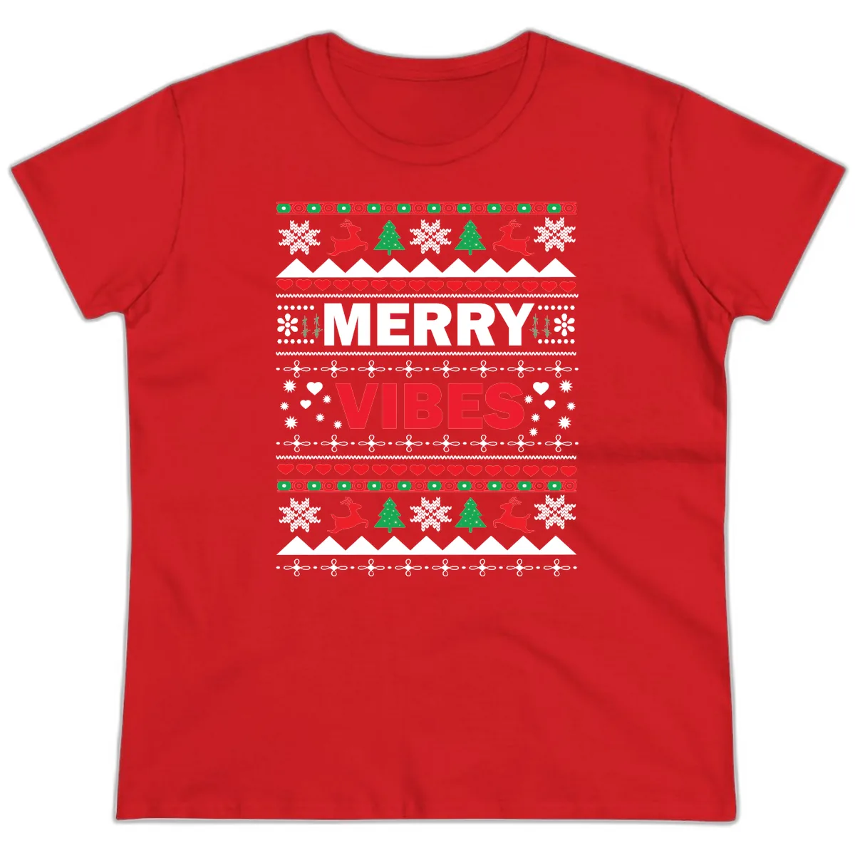 Merry Vibes Ugly Christmas Sweater Ladies Tee in Red