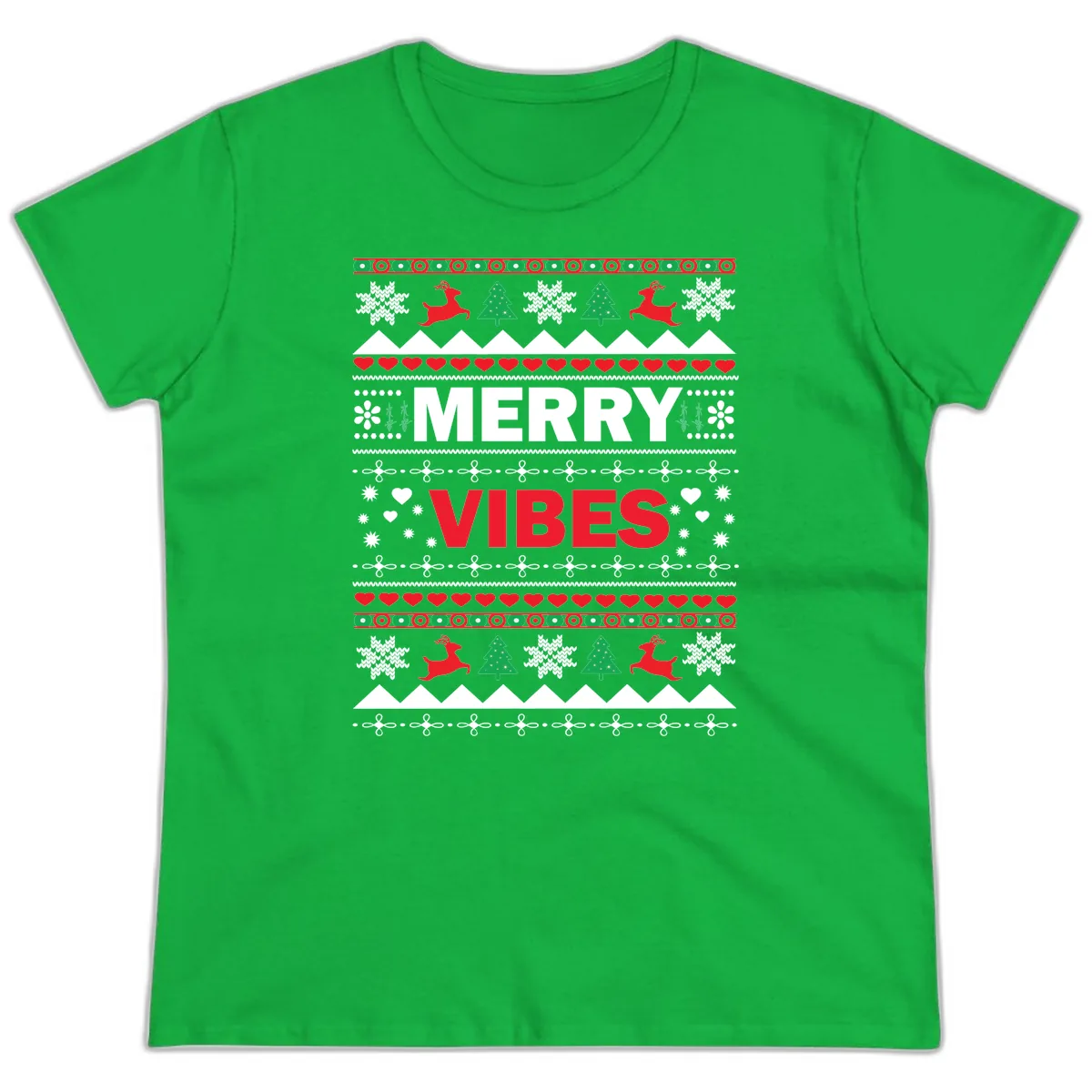 Merry Vibes Ugly Christmas Sweater Ladies Tee in Irish Green