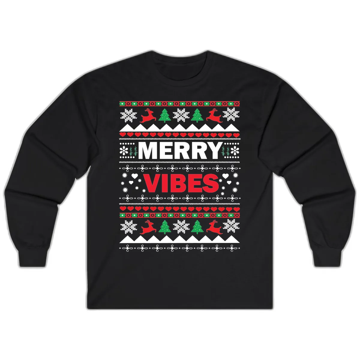 Merry Vibes Ugly Christmas Sweater Long Sleeve in Black