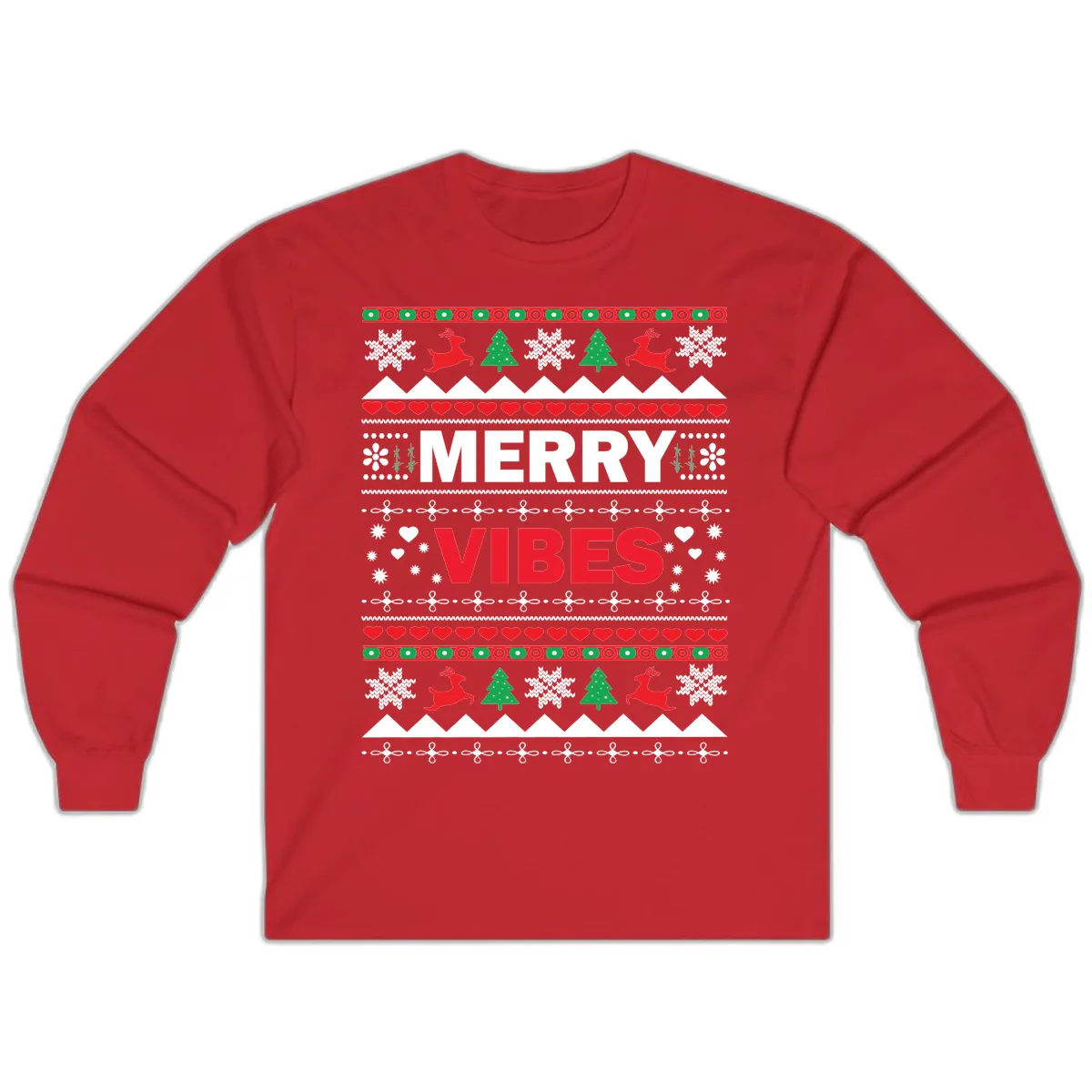 Merry Vibes Ugly Christmas Sweater Long Sleeve in Red