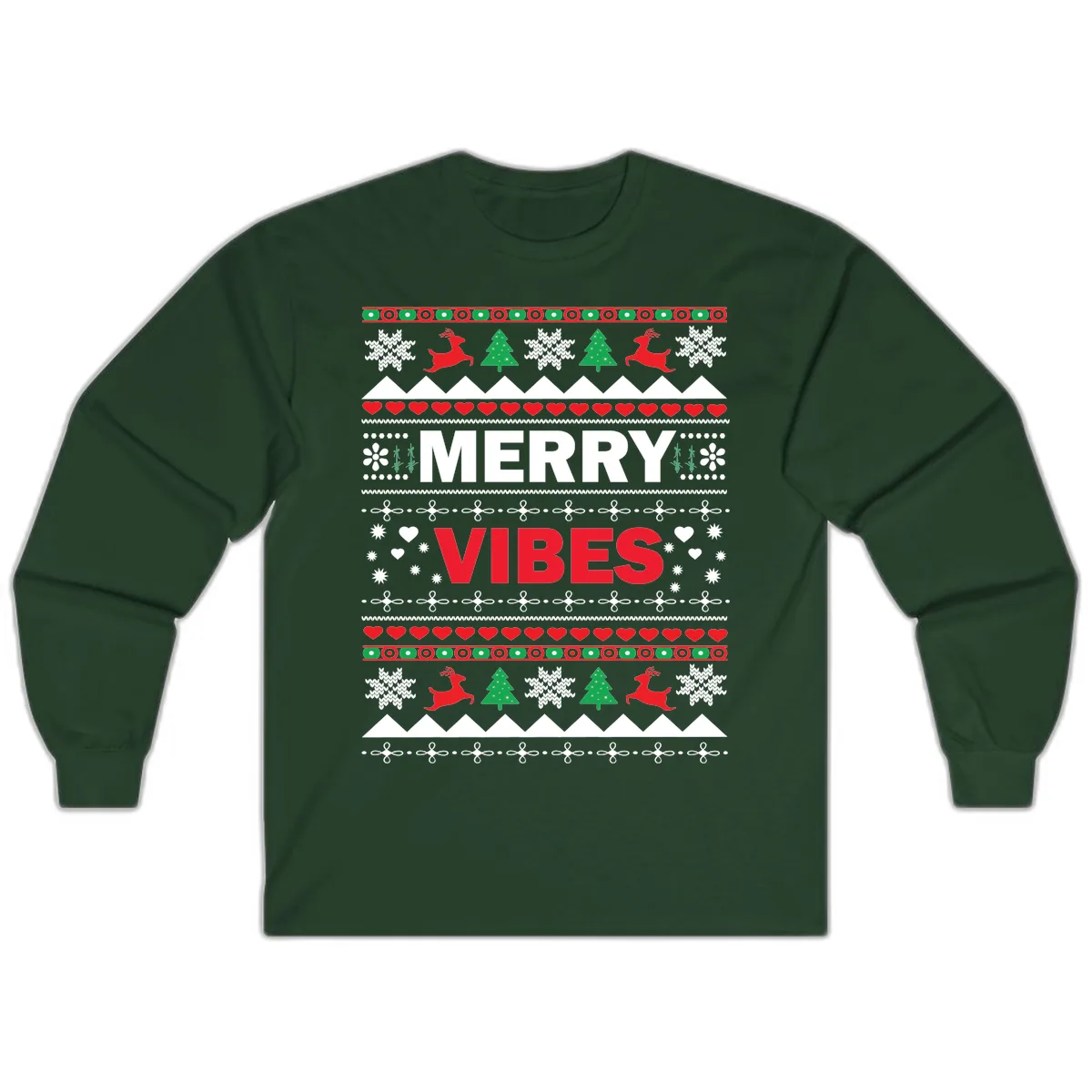 Merry Vibes Ugly Christmas Sweater Long Sleeve in Forest Green