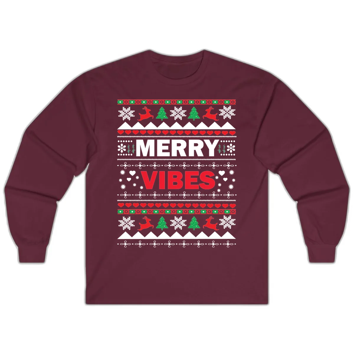 Merry Vibes Ugly Christmas Sweater Long Sleeve in Maroon