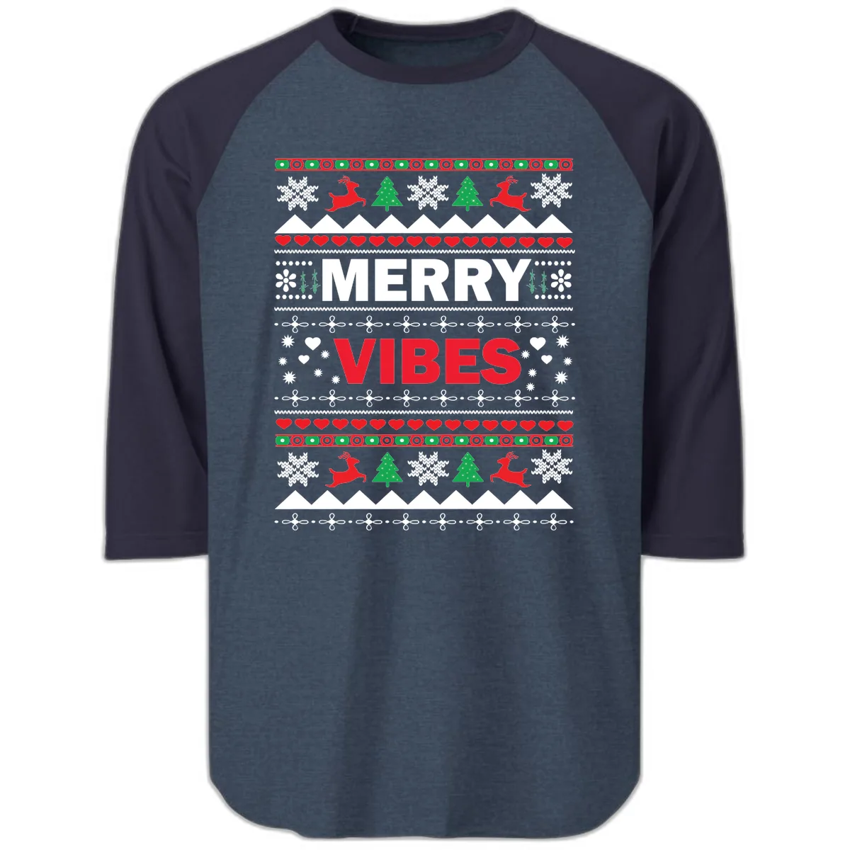 Merry Vibes Ugly Christmas Sweater Raglan 3/4 in Heather Denim Navy