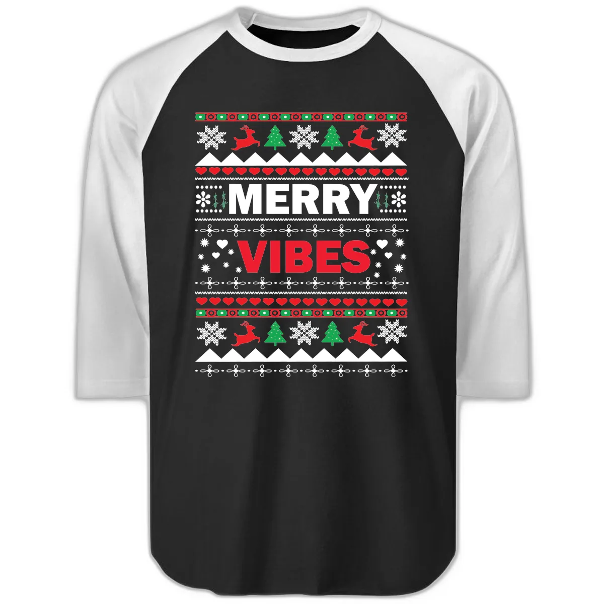 Merry Vibes Ugly Christmas Sweater Raglan 3/4 in Black White