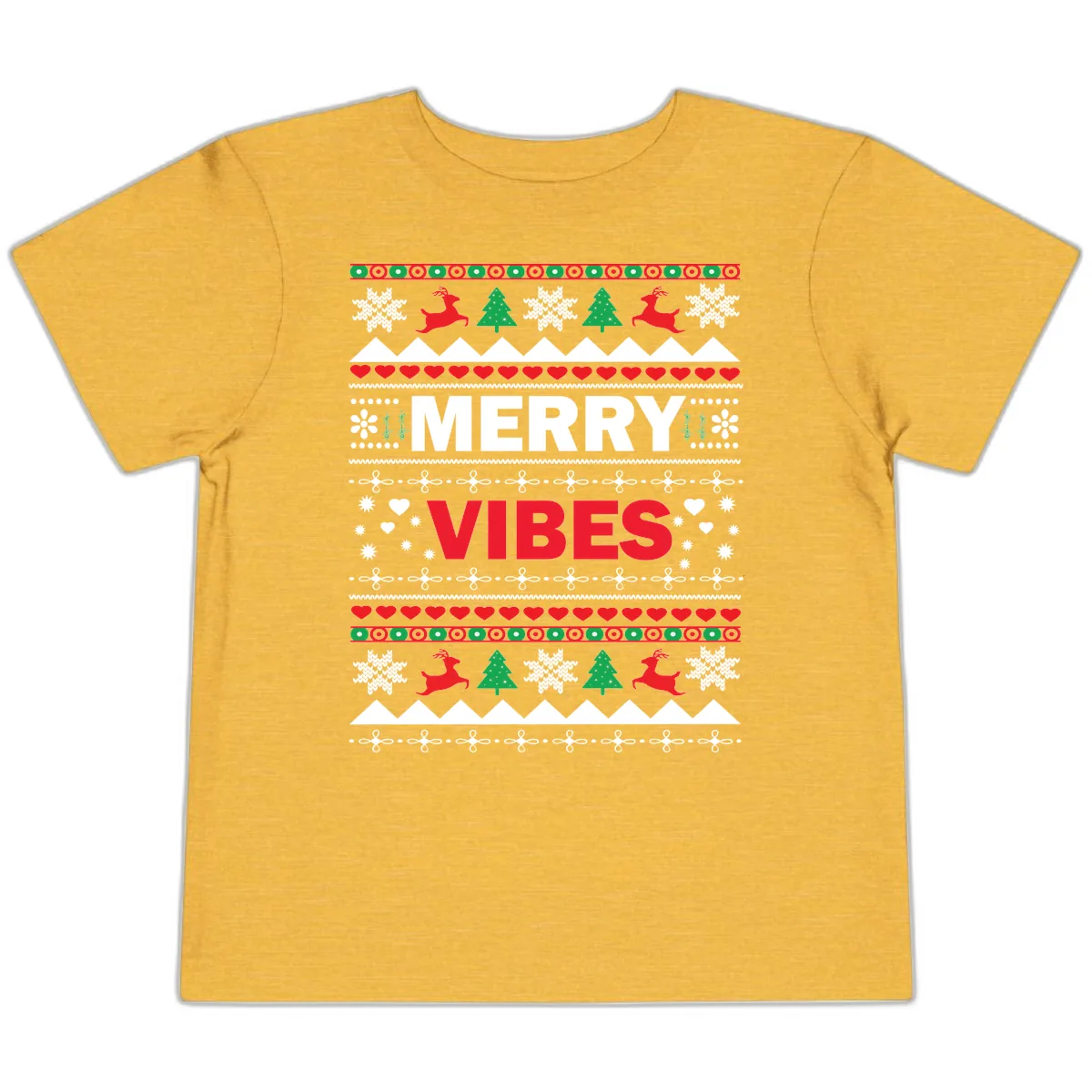 Merry Vibes Ugly Christmas Sweater Toddler T-Shirt in Heather Yellow Gold