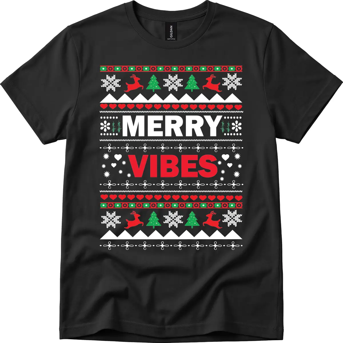 Merry Vibes Ugly Christmas Sweater T-Shirt in Black
