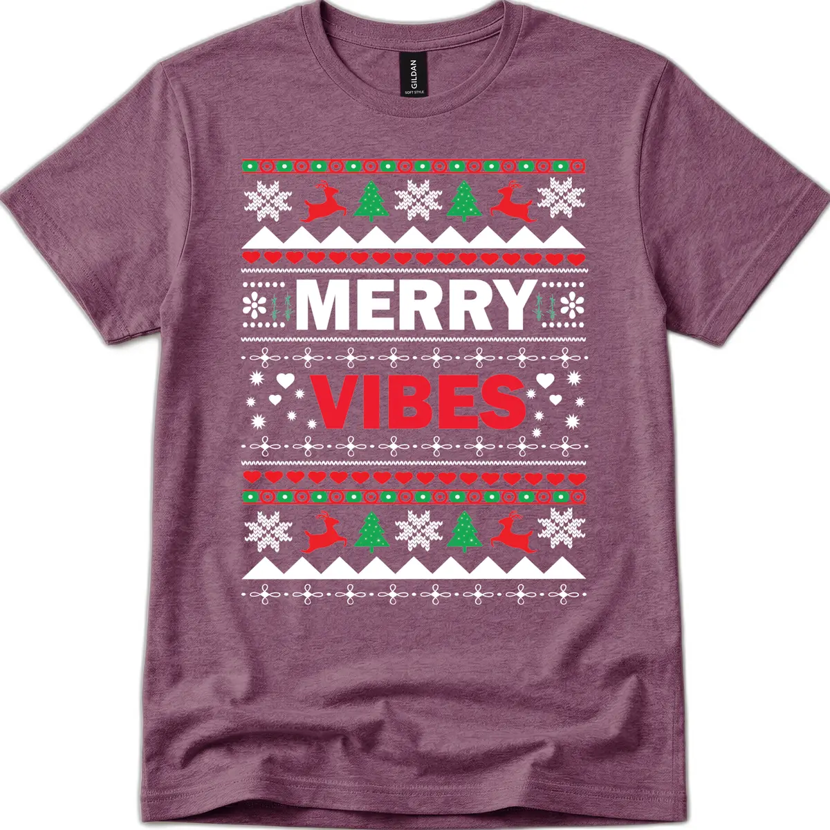 Merry Vibes Ugly Christmas Sweater T-Shirt in Heather Maroon