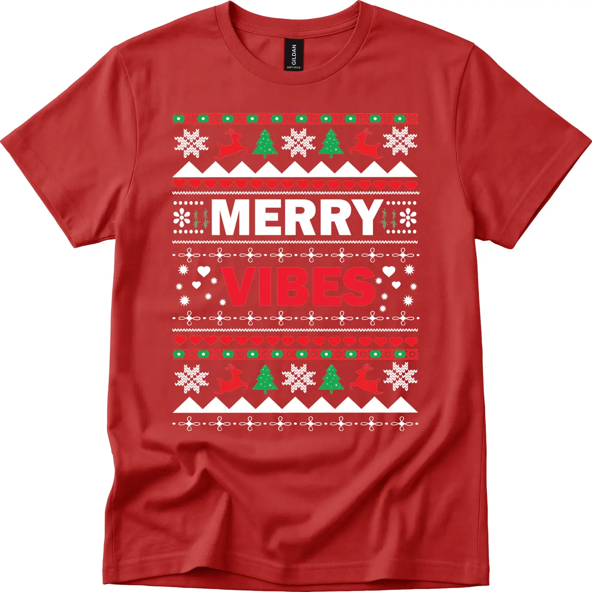 Merry Vibes Ugly Christmas Sweater T-Shirt in Red